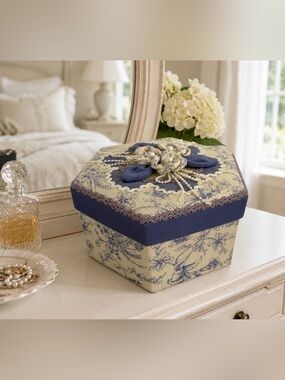 Vintage Floral 💜 Fabric Covered Hexagon Jewelry Box Keepsake Trinket Box